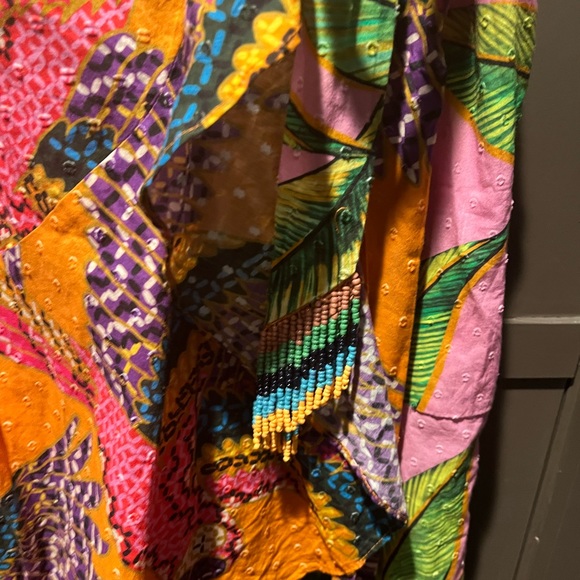 Farm Rio Mixed Print MIDI Dress XL V Pink Foliage and Beaded Macaws - Picture 2 of 11